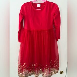 Red Long Sleeve Kids Dress with Gold Accents